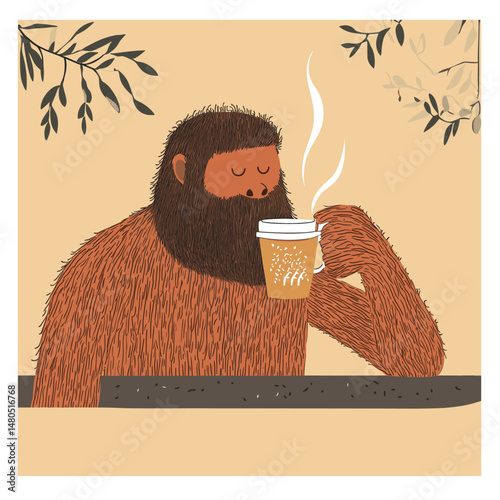 Whimsical Sasquatch Enjoying Coffee in the Woods