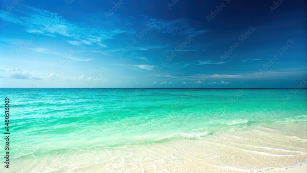 Obraz premium Tranquil seascape with a vast expanse of turquoise water gently lapping against a pristine white sandy beach, creating a picturesque image of tropical paradise.