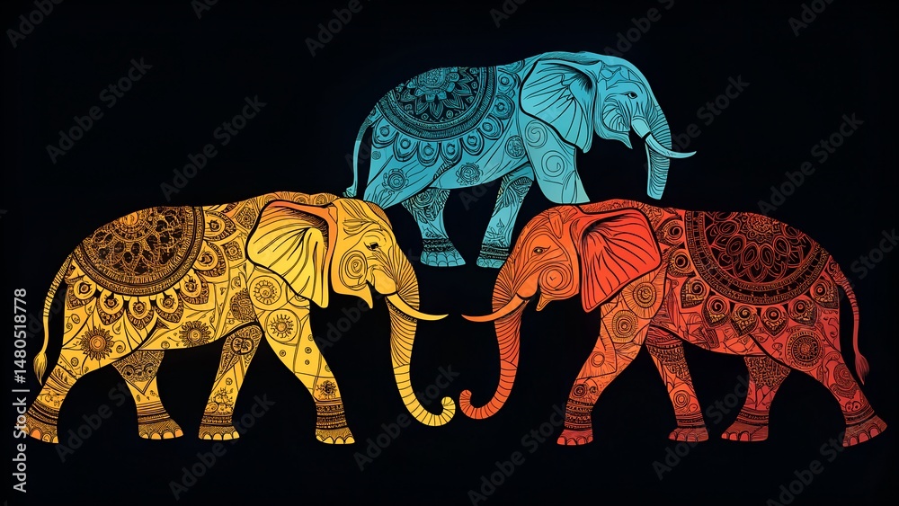 Obraz premium Colorful ornate elephants artwork against a black backdrop depicting majestic indian design