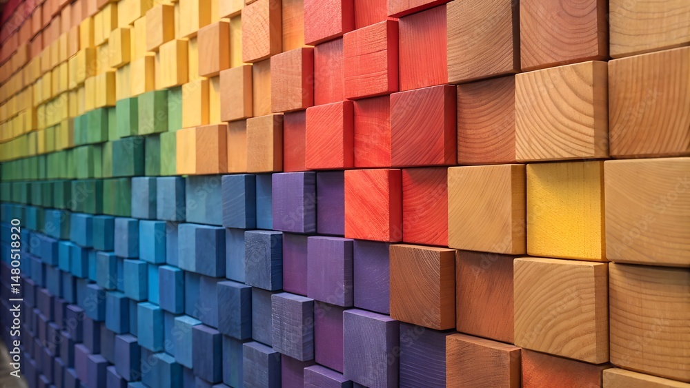 Fototapeta premium Colorful wooden cubes arranged in a rainbow gradient pattern creating a 3d wall