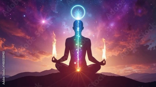 Human silhouette meditating with glowing chakras against cosmic backdrop  