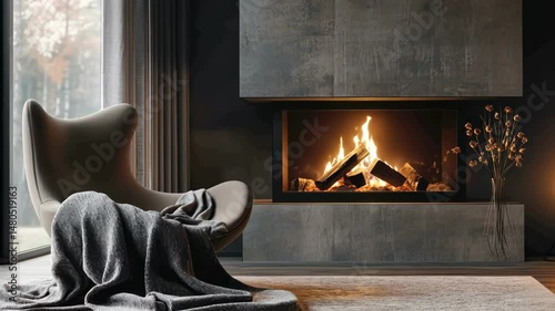 modern fireplace with burning wood, armchair with soft blanket, and window in an elegant living room