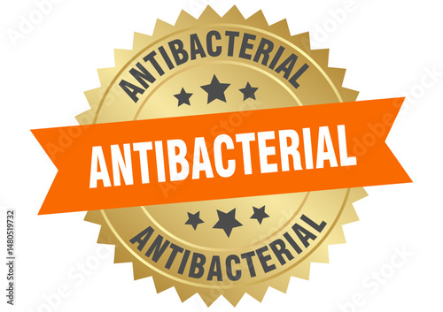 antibacterial. antibacterial round orange and gold label isolated on transparent background