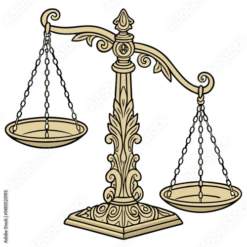 Scales of justice, a golden symbol of legal balance and court measurement