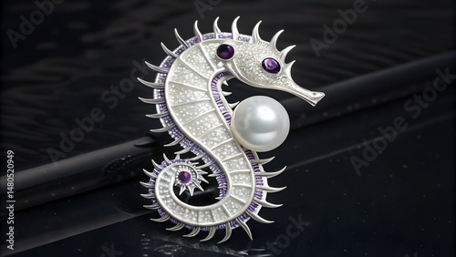 Exquisite handcrafted seahorse brooch with pearls and amethyst gemstones displayed on black background
