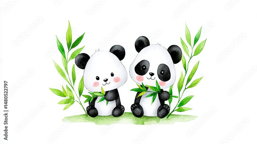 Obraz premium Adorable Panda Twins Eating Bamboo - Two cute baby pandas sitting together, enjoying fresh bamboo shoots. Watercolor illustration