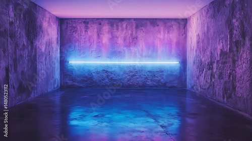 Concrete room shines with the glow of a single neon light casting purple hues