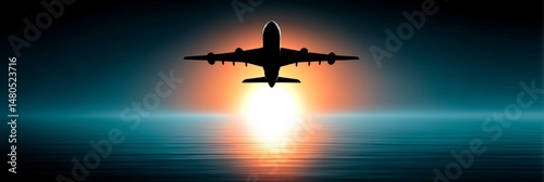 Airplane Sunset Soaring - Airplane silhouette, sunset, ocean, freedom, journey. Symbolizing travel, adventure, escape, new beginnings, horizons