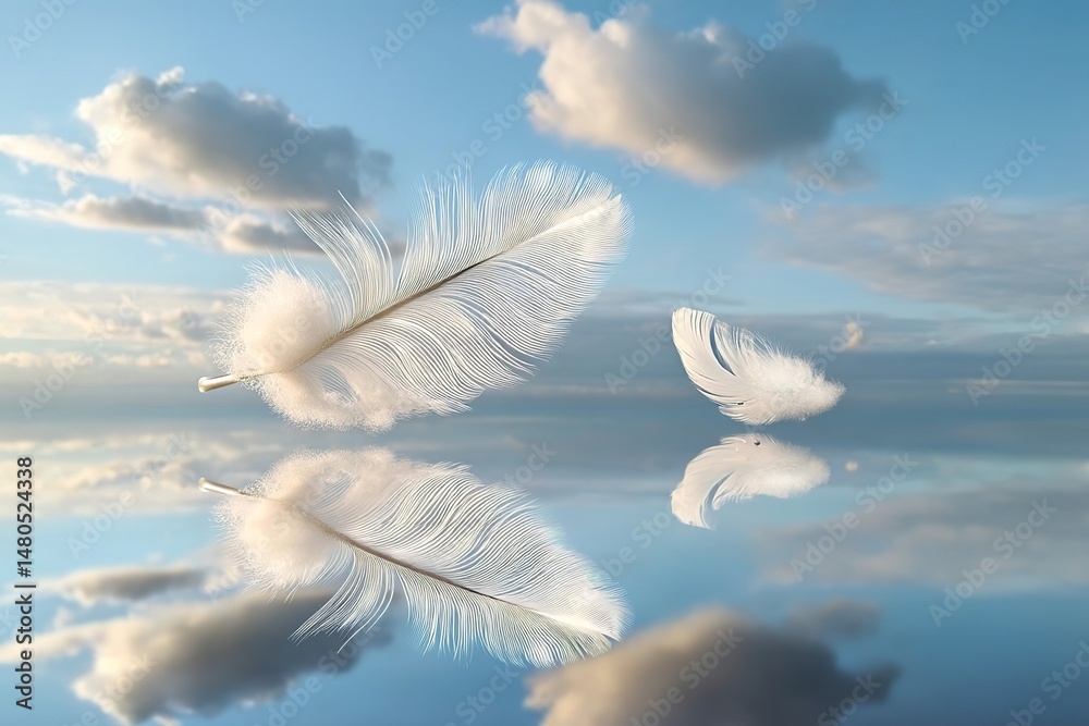 Two white feathers floating in the sky, with soft clouds and blue skies in the background. The Two white feathers floating in the sky, with soft clouds and blue skies in the background. The