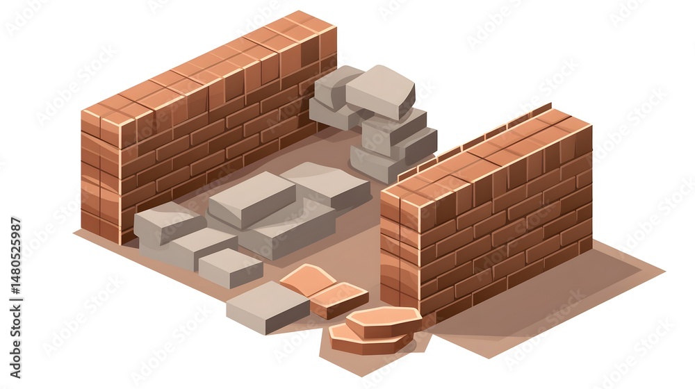 Fototapeta premium Modern grey brick wall with isometric perspective and textured layers of plaster
