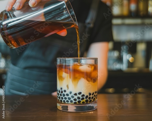 Barista pouring iced tea into a glass with boba pearls