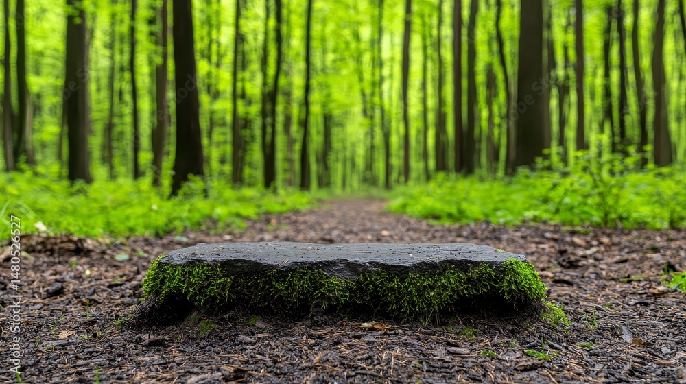 Dark Stone Slab on Mossy Forest Path Dark Stone Slab on Mossy Forest Path