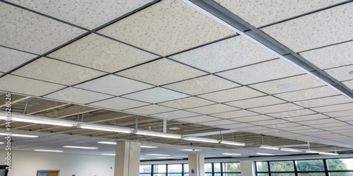 A grid of white acoustic ceiling tiles with black grid lines and fluorescent lights reflecting on their surface