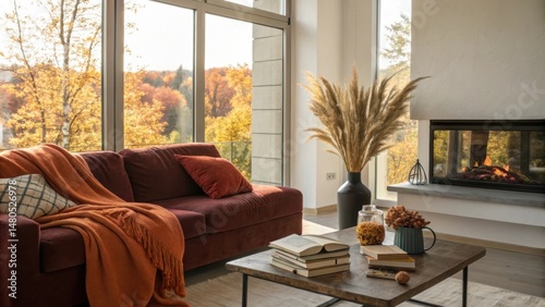 Cozy living room with autumnal decor featuring a fireplace, plush burgundy sofa, and a stack of books on a coffee table