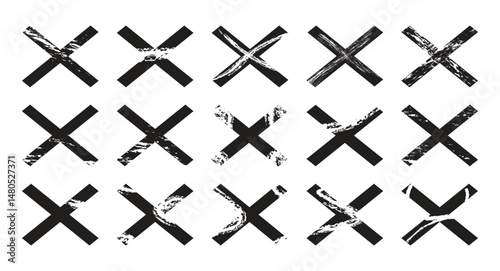 Grunge X Mark Icons Set  Distressed Black Cross Symbols Collection