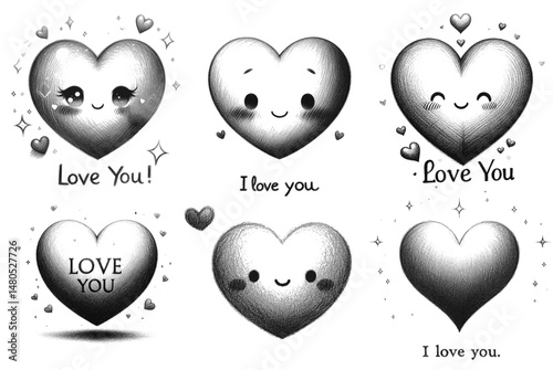 Six stylized hearts kawaii face linework sketch hand drawn pen drawing vector illustration background