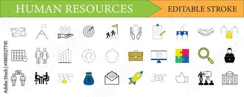 Human Resources & Business Management Icon Set - Editable Stroke, Line & Color Styles