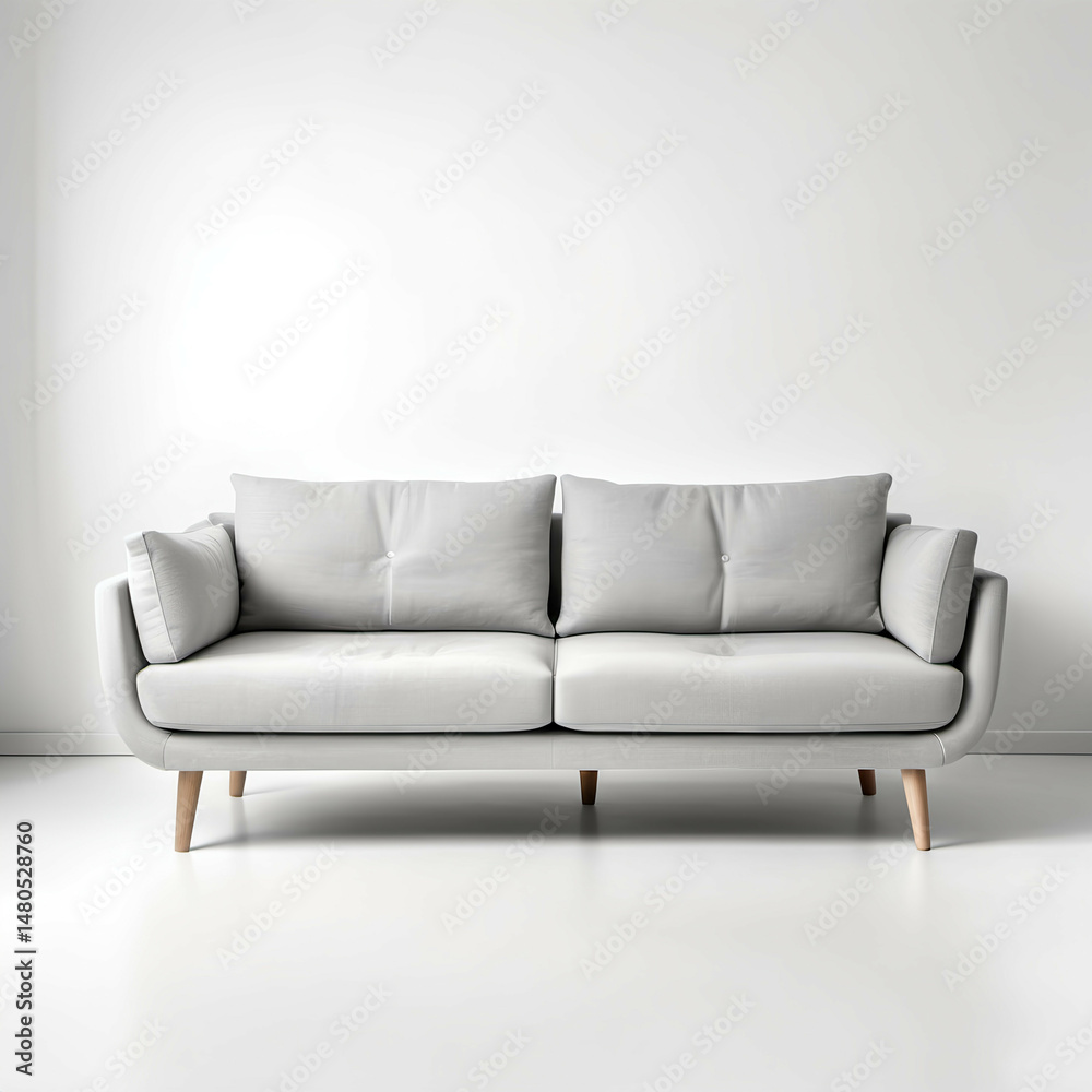 Fototapeta premium Scandinavian-style sofa in light gray fabric, minimalist design, isolated on white background