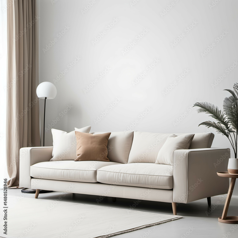 Fototapeta premium Modern minimalist sofa with neutral tones and no extra decor, white background