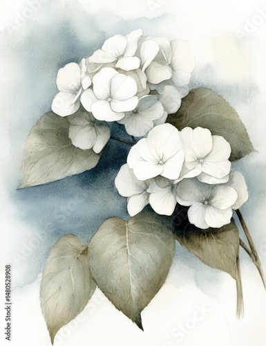 Delicate white hydrangeas in muted tones, rendered with watercolor style, and displayed on a soft, light blue background. Detailed leaves complement the blossoms, creating a serene botanical scene