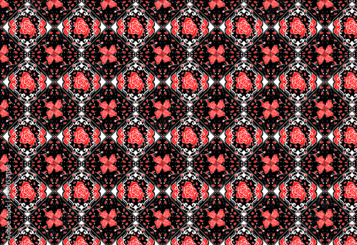 Elegant red rose and scattered leaves seamless pattern on a black background. Luxurious and romantic design, seamless plaid pattern vector. For backdrop,paper pattern, wallpaper, fabric texture