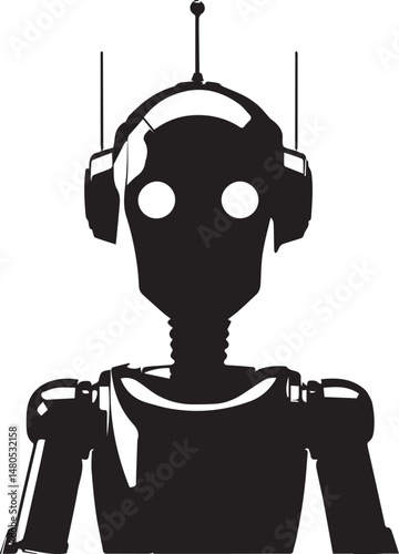 Robot head face silhouette black and white vector on white background