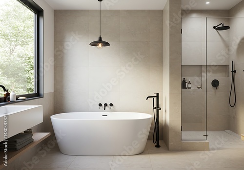 Modern bathroom interior with freestanding tub and walk-in shower
