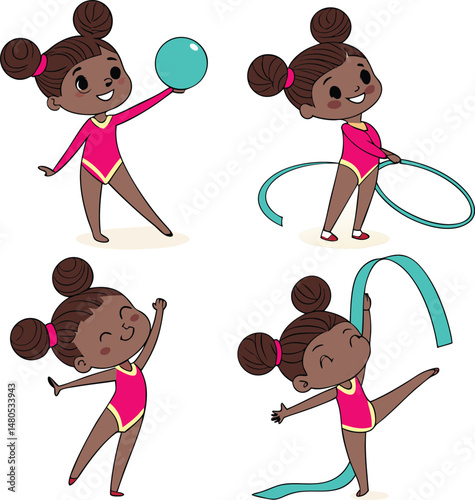 A girl doing gymnastics with a ball hoop and ribbon illustrations