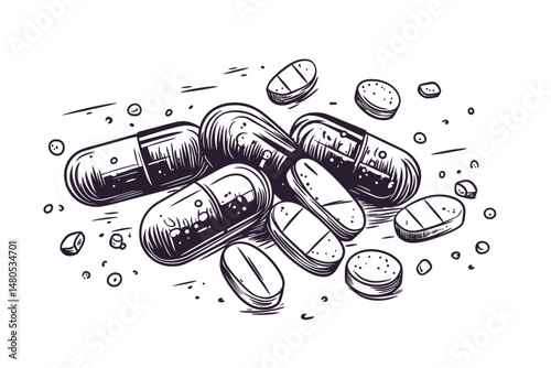 Vintage Style Illustration of Pills and Capsules