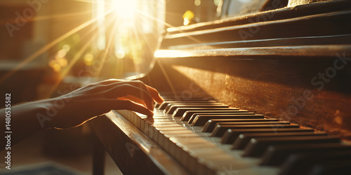 Hands Playing Piano with Warm Sunlight, Artistic Music Performance Close-up, Emotional Piano Practice Moment  
