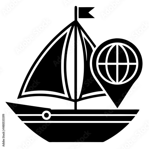 Boat and global pin silhouette vector illustration