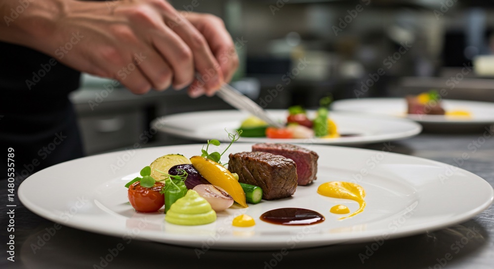 Gourmet Restaurant Plate with Steak and Artfully Arranged Vegetables Gourmet Restaurant Plate with Steak and Artfully Arranged Vegetables