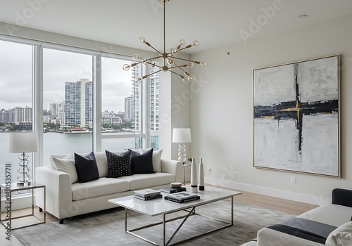 Living room interior with white sofa, artwork, and city view in miami