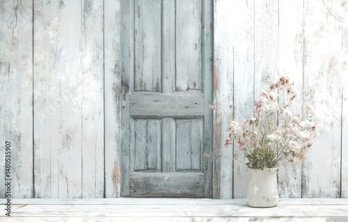Rustic wooden door and flowers. Aged, light gray door against a weathered whitewashed wooden wall, with a small vase of delicate pink and white flowers in front