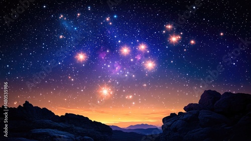 Clear night sky with Orion constellation prominently visible over rocky outcrops