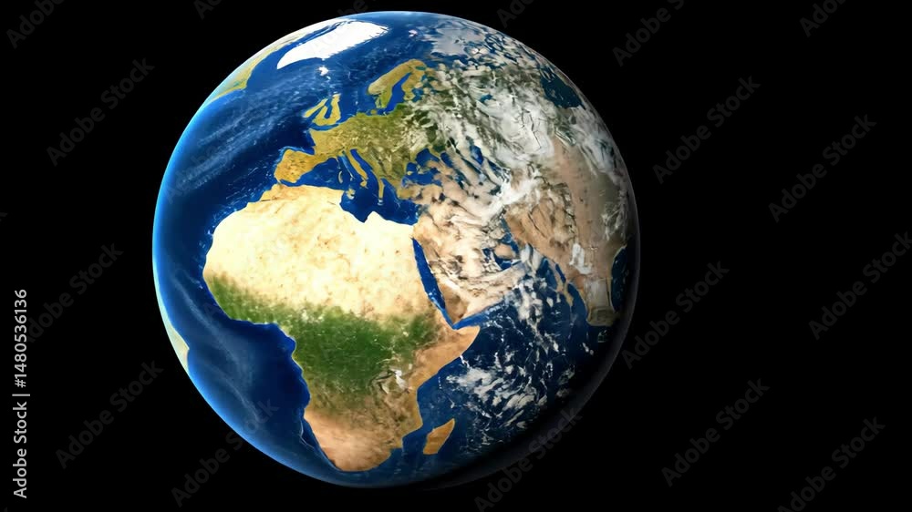 earth planet rotating in outer dark space with cloud cover and detailed surface features