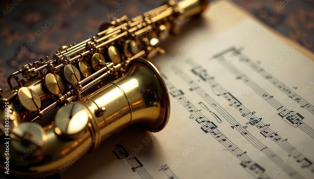 Naklejka premium Close-up shot of a saxophone, musical notes on sheet music, and vintage microphone , trumpet, rhythm, spotlight
