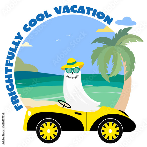 Funny summer ghost vacation – spooky character on tropical beach with humorous text