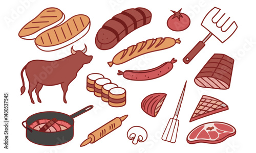 vector set of meat and vegetables cow, sausage, hot dog, bun, bread, steak, meat, grill, barbecue, food, illustration, line art, vector

