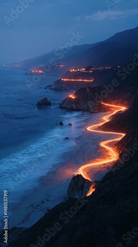 Coastal Highway Light Trails at Night Dramatic Aerial View of Winding Road Along Pacific Ocean Shoreline in California USA