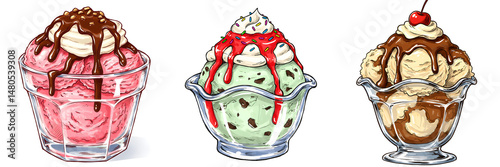 Three ice cream sundaes in glass dishes topped with whipped cream and various toppings and sauces on transparent background