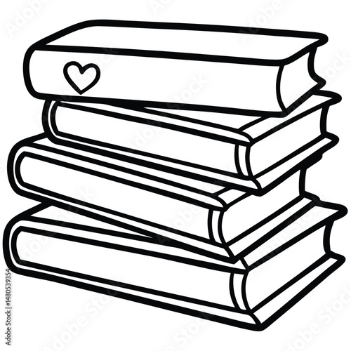 A black and white drawing shows a stack of four books, with a heart shape on the cover of the top book.