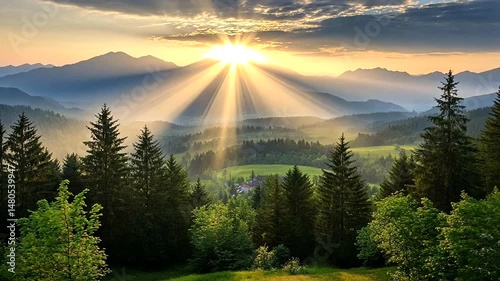 Mountainous landscape with trees, fog, and golden sunlight shining over hills
