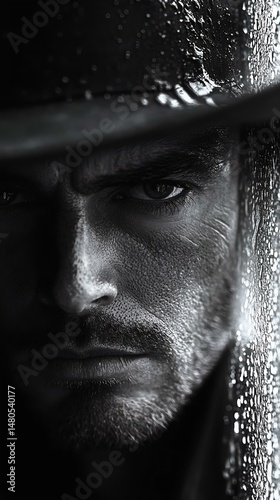 A dramatic close-up of a man in a wet hat, showcasing intense emotions. The rain adds to the mysterious and brooding atmosphere.