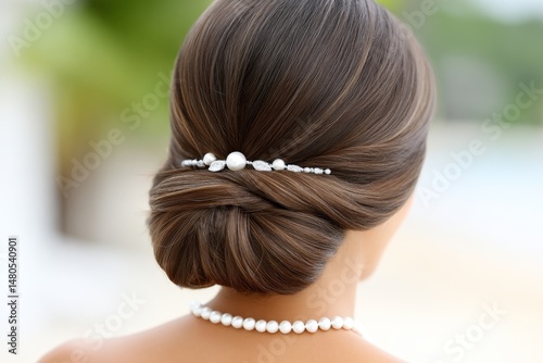Elegant Updo with Pearl Necklace Beach View - Sophistication, beauty, serenity, elegance, and summer. A woman displays a classic low bun adorned with pearls, a perfect beach wedding hairstyle photo