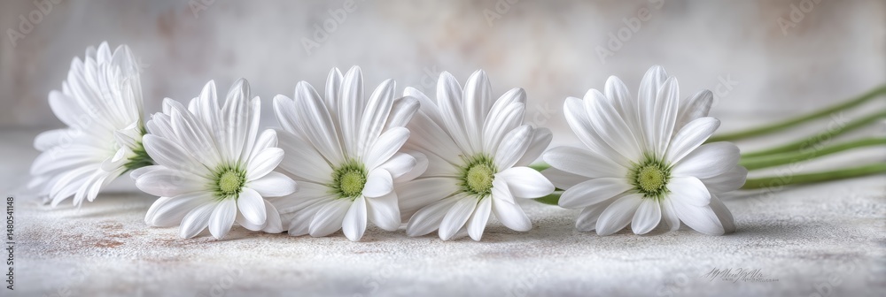 Obraz premium Elegant White Gerbera Daisies in Soft Light - Five pristine white gerbera daisies arranged delicately, symbolizing purity, peace, innocence, remembrance, and new beginnings. A soft, elegant