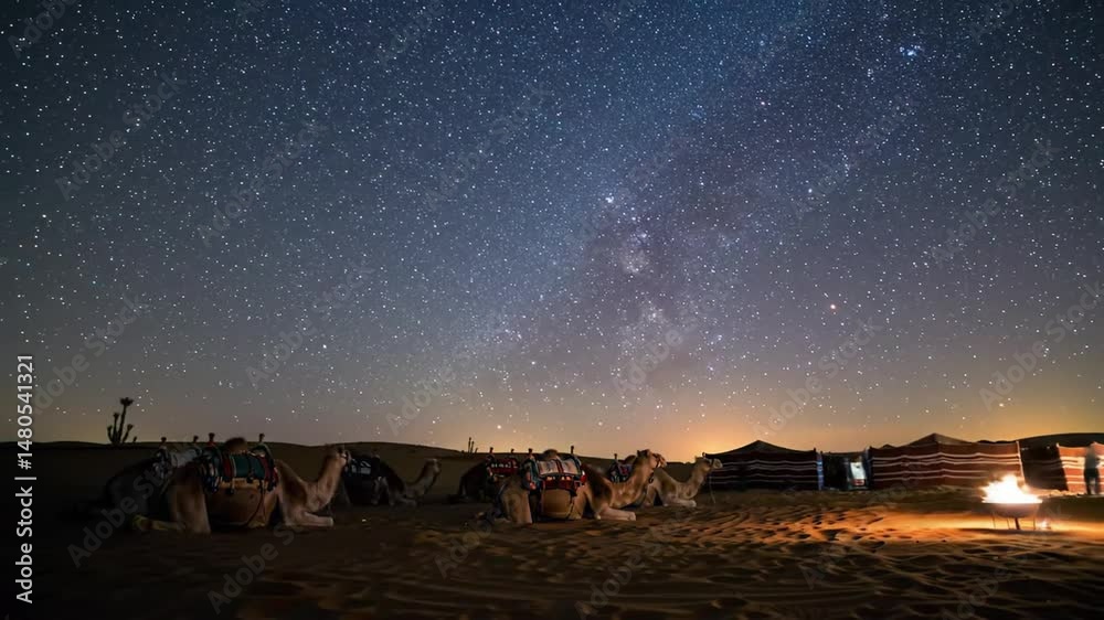 Starry desert night sky with camels