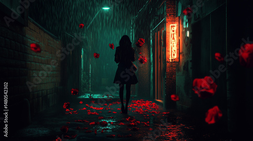 Woman walking alone in rainy alley at night with red rose petals and neon light