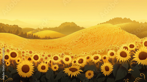 Vast sunflower field glowing under warm yellow sky with rolling hills and forest