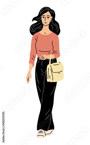 Young brunette woman in trousers walking down the street with a handbag. City life of people. Fashion and beauty. Flat vector illustration isolated on white background